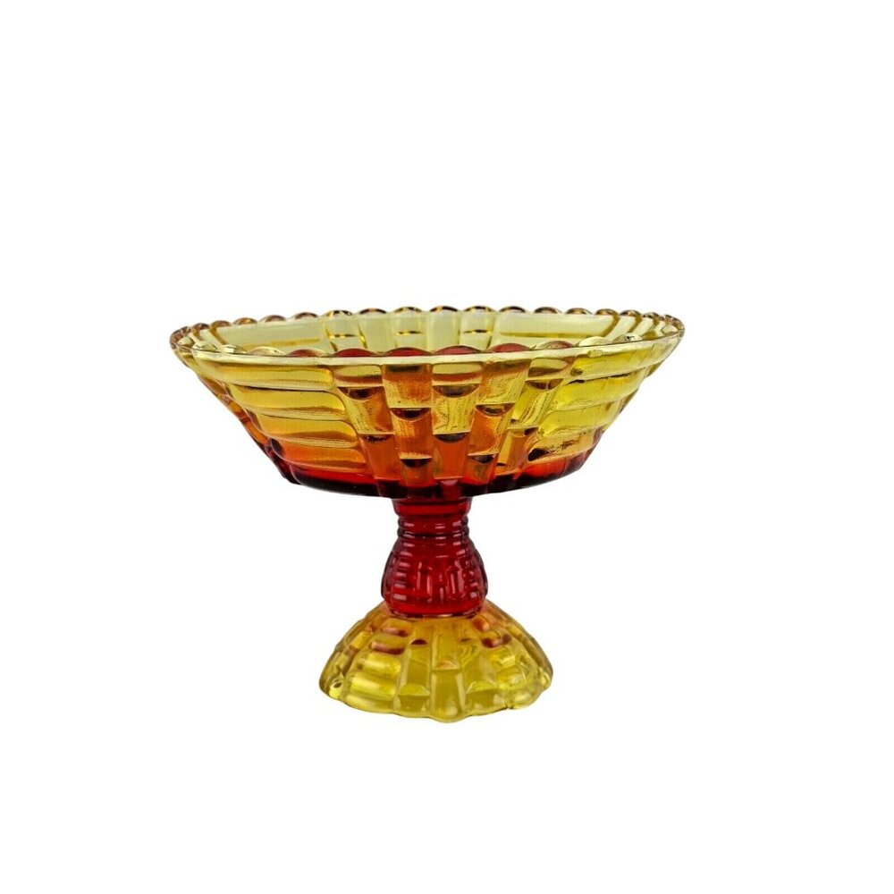 Vintage Amberina Louisa Jeannette Glass Footed Fruit Compote Basket Weave Patter